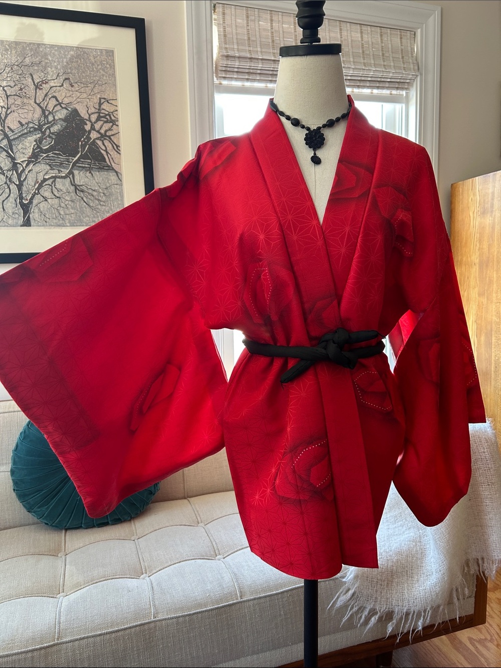 Stunning Red Silk Haori Kimono Jacket, , Vintage - Picture 9 of 10